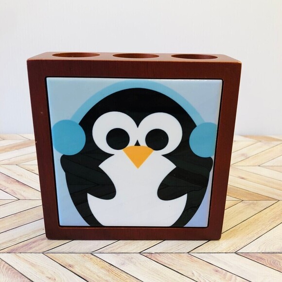 Vintage Wood Candlestick Holder 90s Style Retro Cartoonish Anime Penguin - Picture 1 of 6